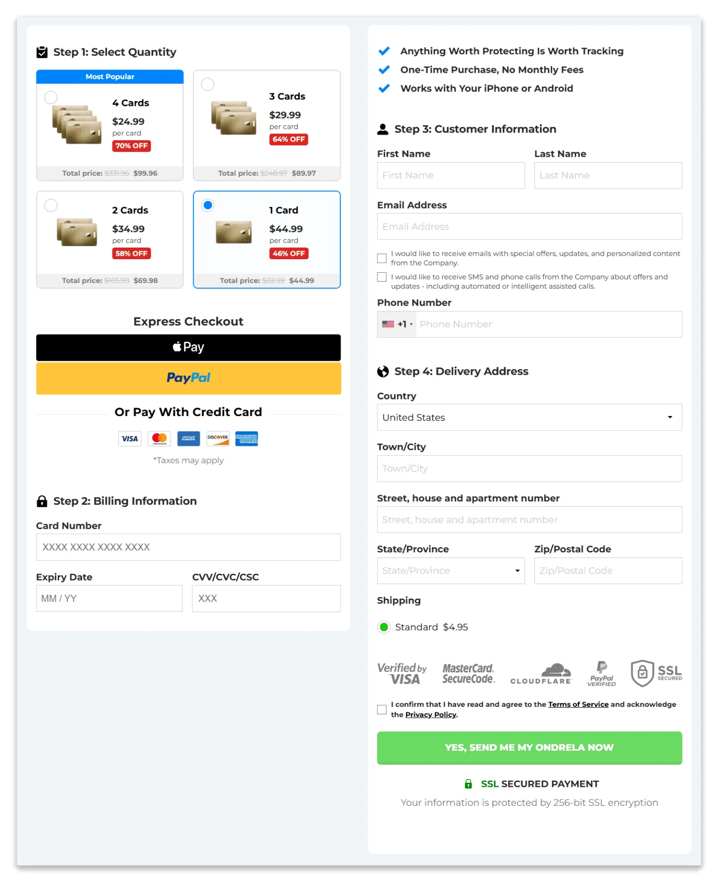 Ondrela checkout page